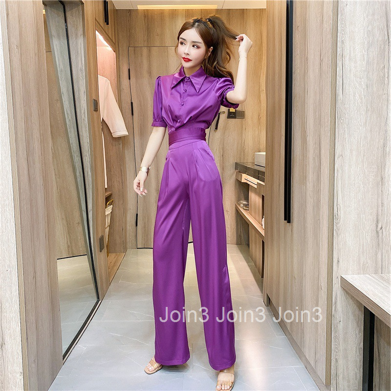 Summer Fashion Stylish Turn-Down Collar Single-Breasted Short Sleeve Top + Split Long Pants Two-Piece Set for Women