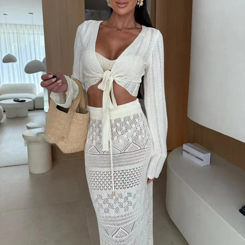 Long Sleeved Knitted Beach Two Piece Sets Womens Vneck Top with Skirt Sexy Suit White Slim Jacquard Outfit 250729