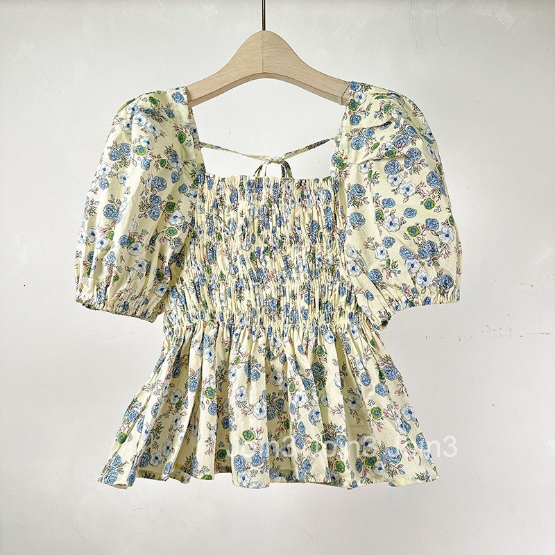 Summer New French Floral Fresh Style Square Neck Back Tie Slim Fit French Short Sleeve Top for Women