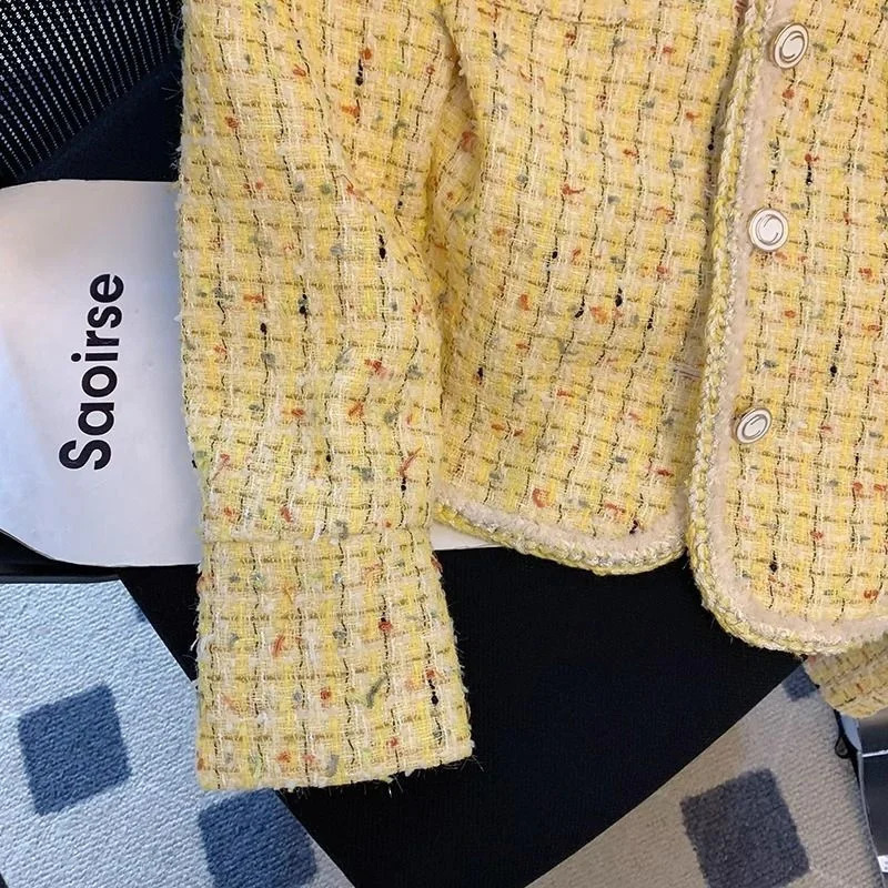 Women Jacket Spring Autumn Yellow Tweed Small Fragrance Coat Short Korean Fashion Temperament Grace Female Outerwear 250729