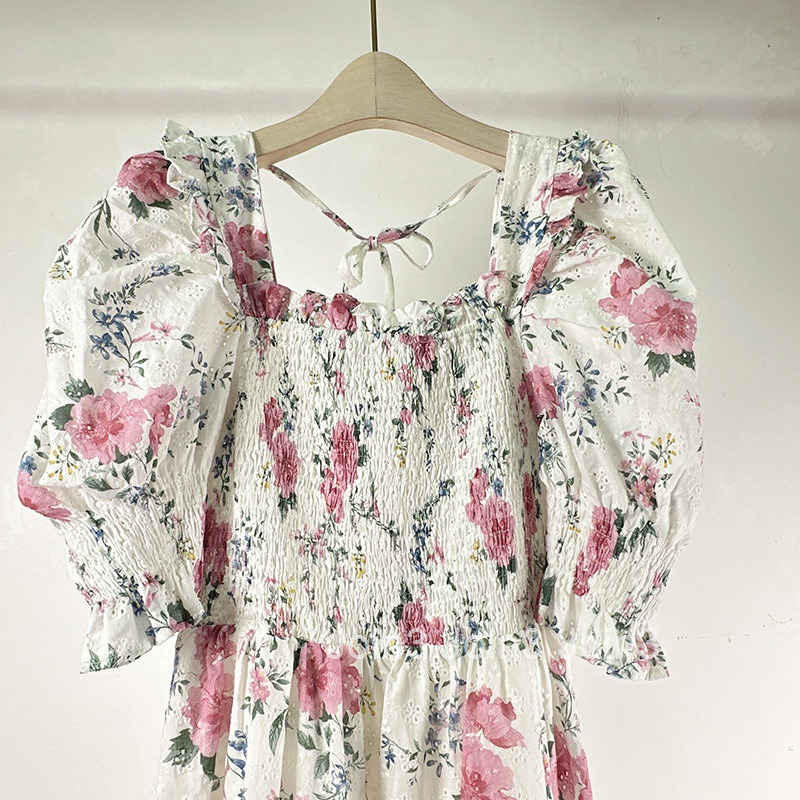 Summer New Puff Sleeve Waist-Cinching Long Dress Niche Korean Style Floral Dress Ruffled Low Neck Short Sleeve Dress