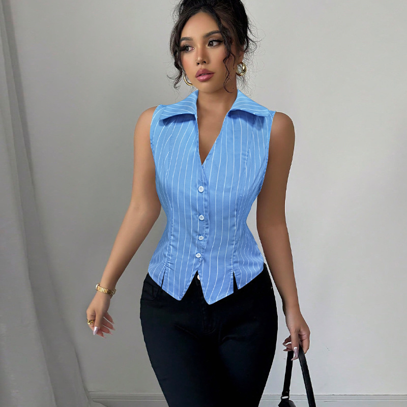 Womens clothing 2025 summer new style temperament striped sleeveless shirt slim fit shirt cardigan top