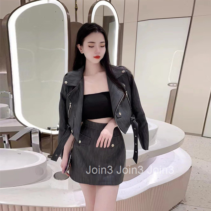 Autumn Winter New Style Elegant French Design Motorcycle Style Suit Collar Short Jacket + High Waist Short Skirt Set for Women