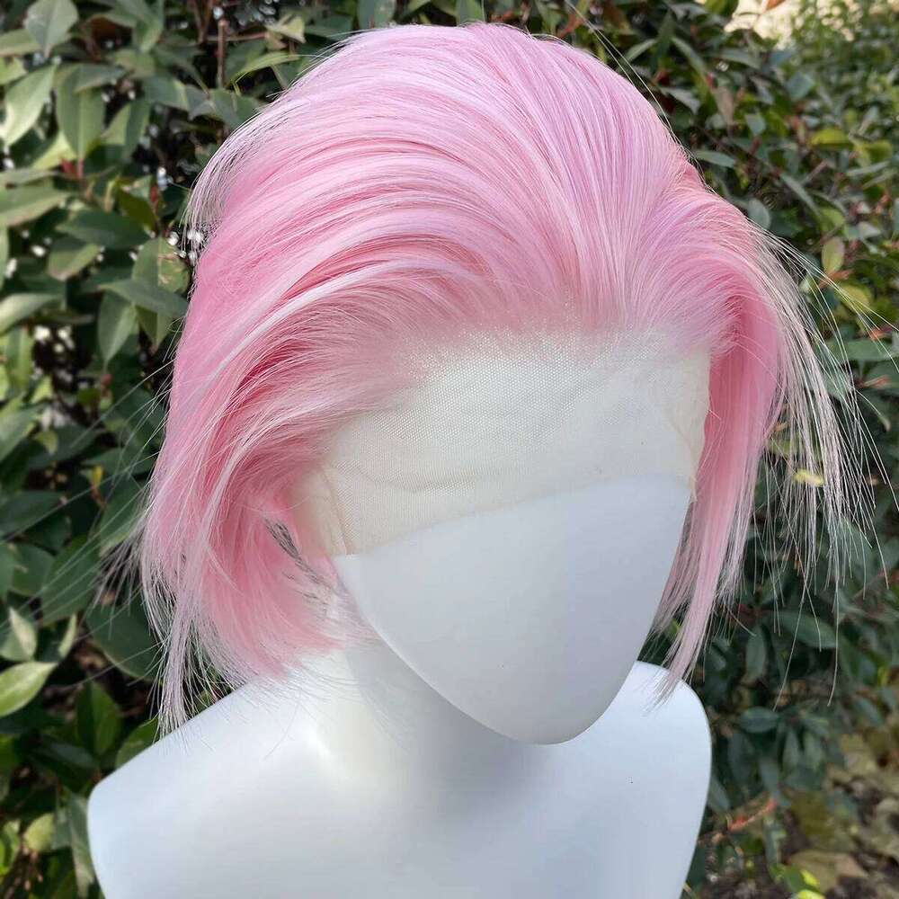 Light Pink Short Bob Cut Women Cosplay 13X4 Lace Front Human Wigs For Men Glueless Synthetic Hair Heat Resistant Free Part 150%