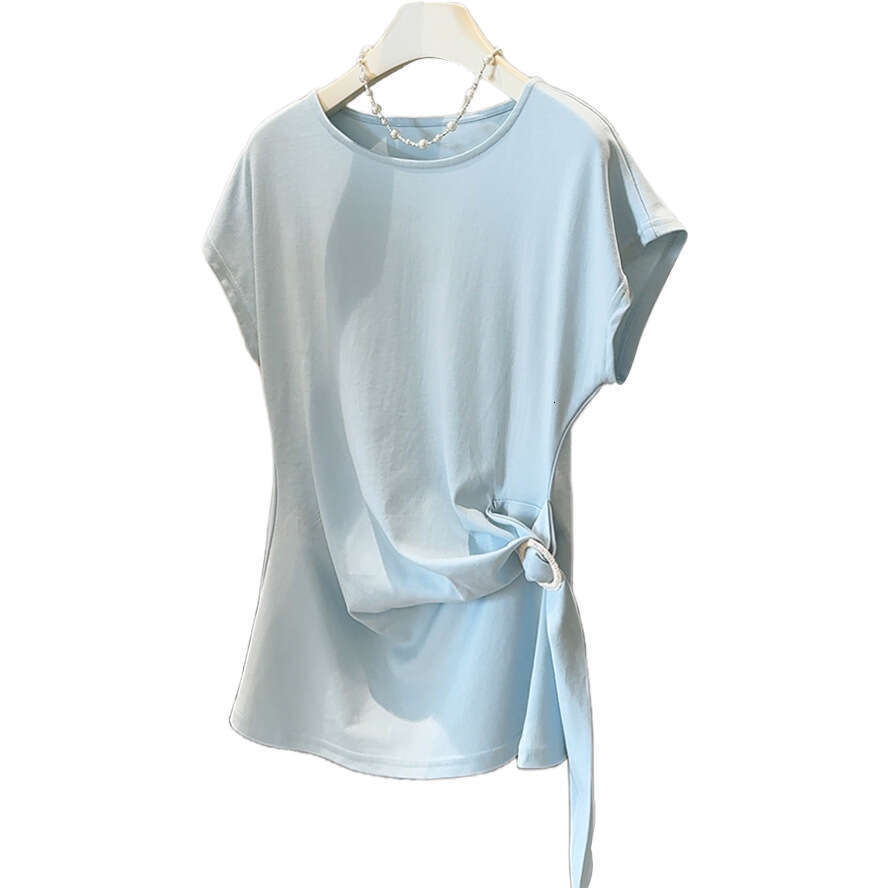 sxzy Round Neck Short T-Shirt for Women Summer 2025 New Slim Fit Waist-Cinching Slimming Irregular Design Flutter Sleeve Top