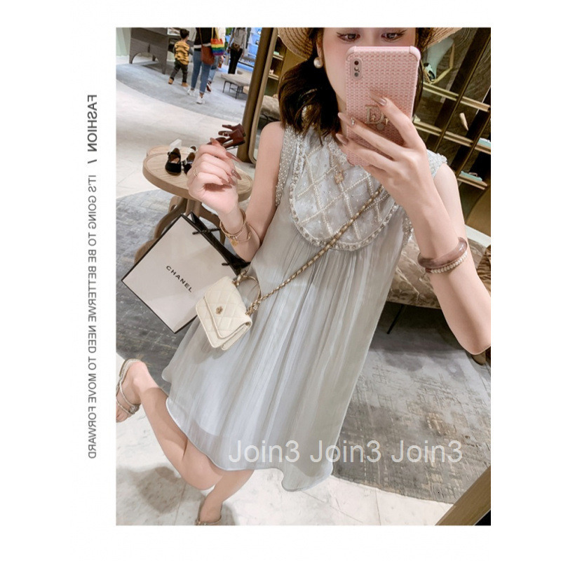25 Summer New Style Socialite Vacation Heavy Pearl Sequin Round Neck Loose Waist Short Dress Elegant Sleeveless Dress