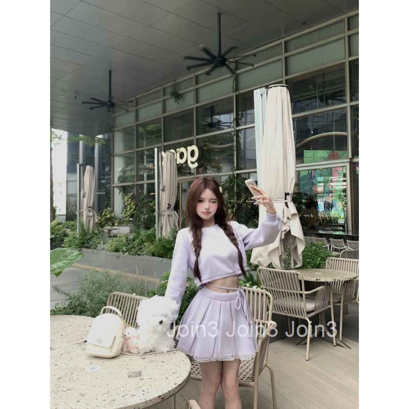 Autumn Winter New Slim Fit Sweet and Spicy Short Round Neck Long Sleeve Pullover Sweatshirt Top + High Waist Pleated Skirt Set