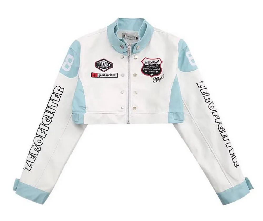 Leather Racing Bomber Jacket Women Varsity Outerwear Short Blue Motorcycle Coat Y2K American Baseball Windbreak 250729