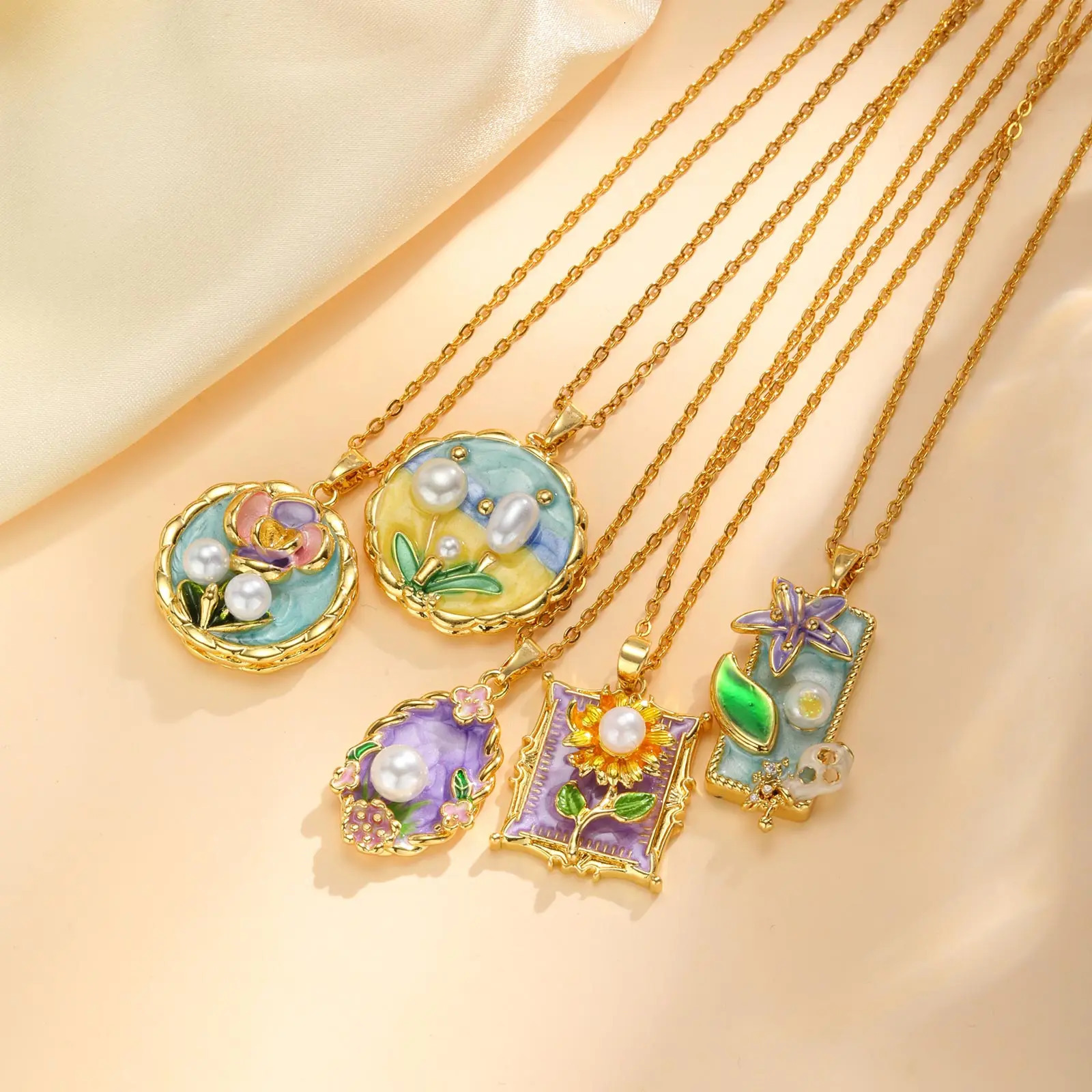 Colorful Oil Painting Style Flower Pearl Necklace Copper Fashion Drip Oil Boho Pendant Charms Statement Jewelry Gift 250729