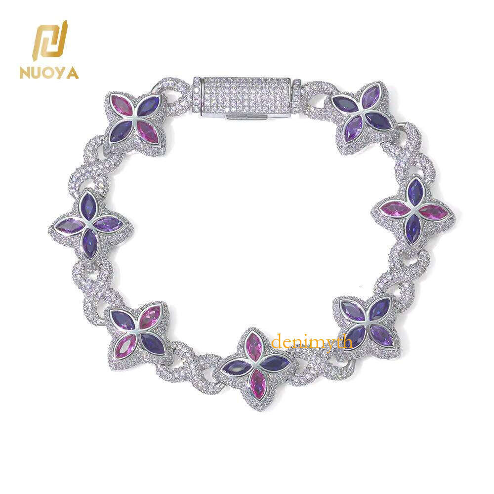 NUOYA Miami Cuban Bracelet Flower Cross Design Four Leaf Clover Infinity Chain Iced Out Colorful Zircon Hip Hop Jewelry