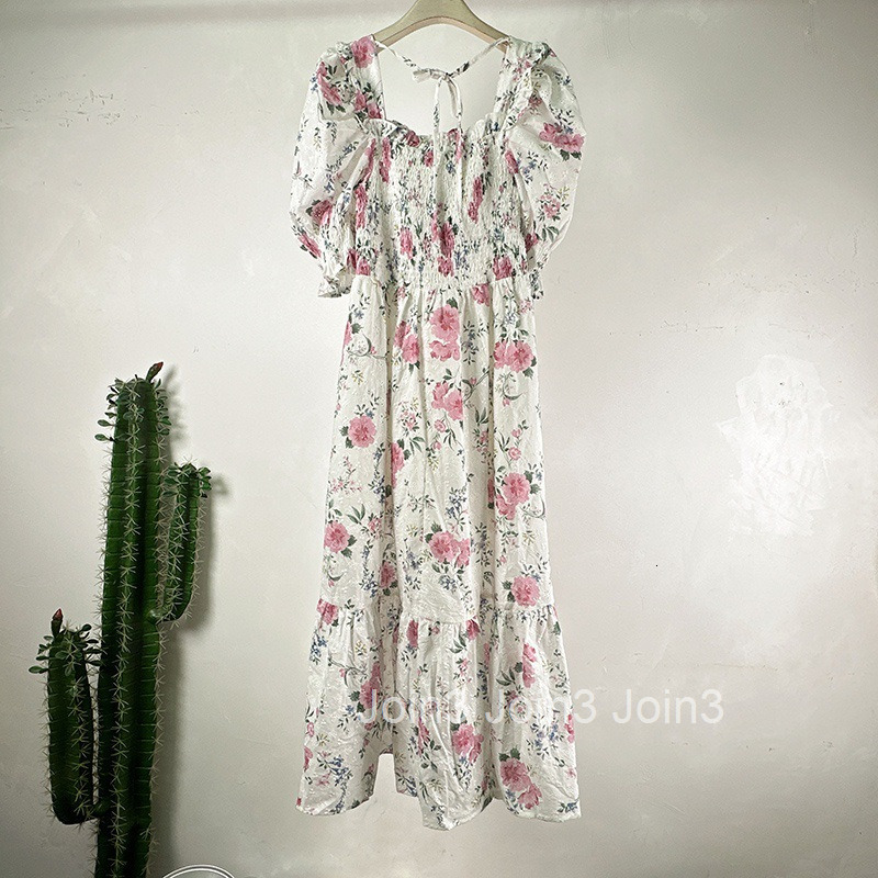 Summer New Puff Sleeve Waist-Cinching Long Dress Niche Korean Style Floral Dress Ruffled Low Neck Short Sleeve Dress