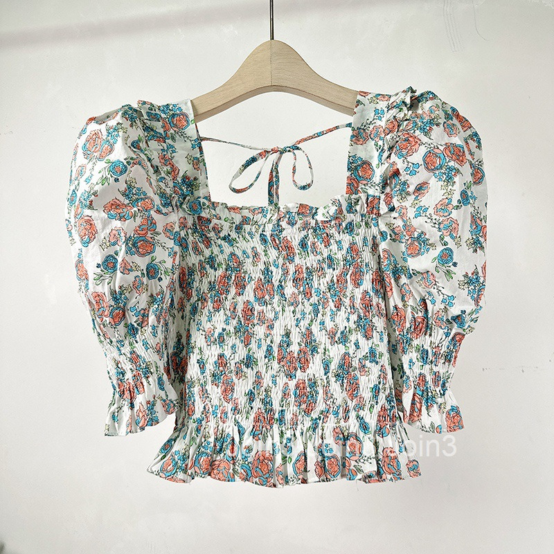 Summer New Korean and French Style Shirt Off-Shoulder Square Neck Two-Way Floral Print T-Shirt for Women Slimming Short Top