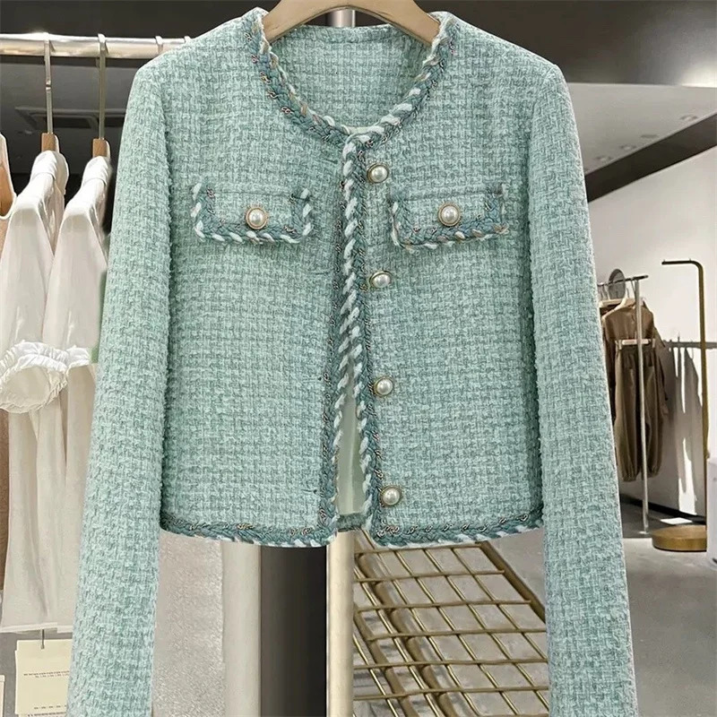 Women Elegant Tweed Jackets Chic Oneck Long Sleeve Tops Autumn Fashion Singlebreasted Office Cardigan Coat Outerwear 250729