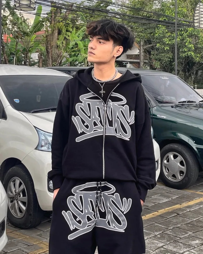 2K American Harajuku Set Streetwear Men Clothing Retro Zipper Hoodie Hip Hop Trendy Printed Casual Couple Sportswear Pants 250729
