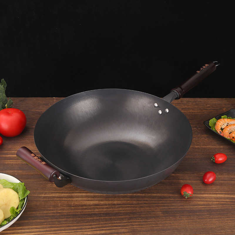 Carbon Steel Wok Pan 14 Round Bottom Traditional Japanese Chinese Stir Fry BBQ Grill Gas Stovetop Compatible Pan Pre-SeasonedC250228