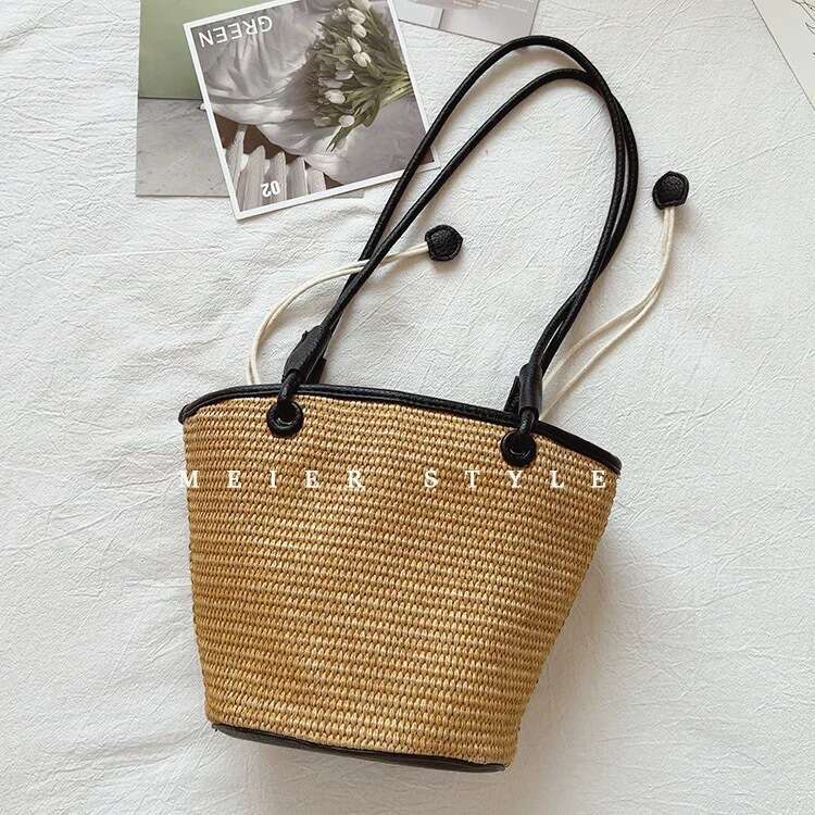 Korean Style INS Straw 2025 New Patchwork Woven Basket Beach Versatile Textured Shoulder Bag