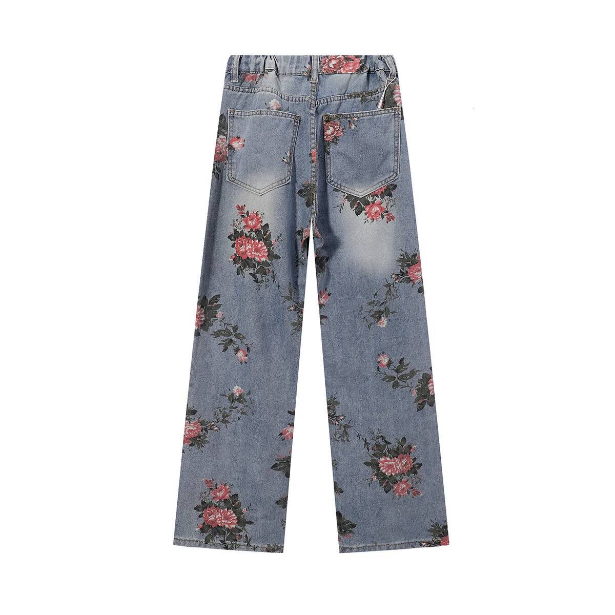 Rose Printed Men's And Women's Straight Wide Leg Denim Ripped Autumn New Vintage Relaxed Fit Jeans Pants S-3Xl
