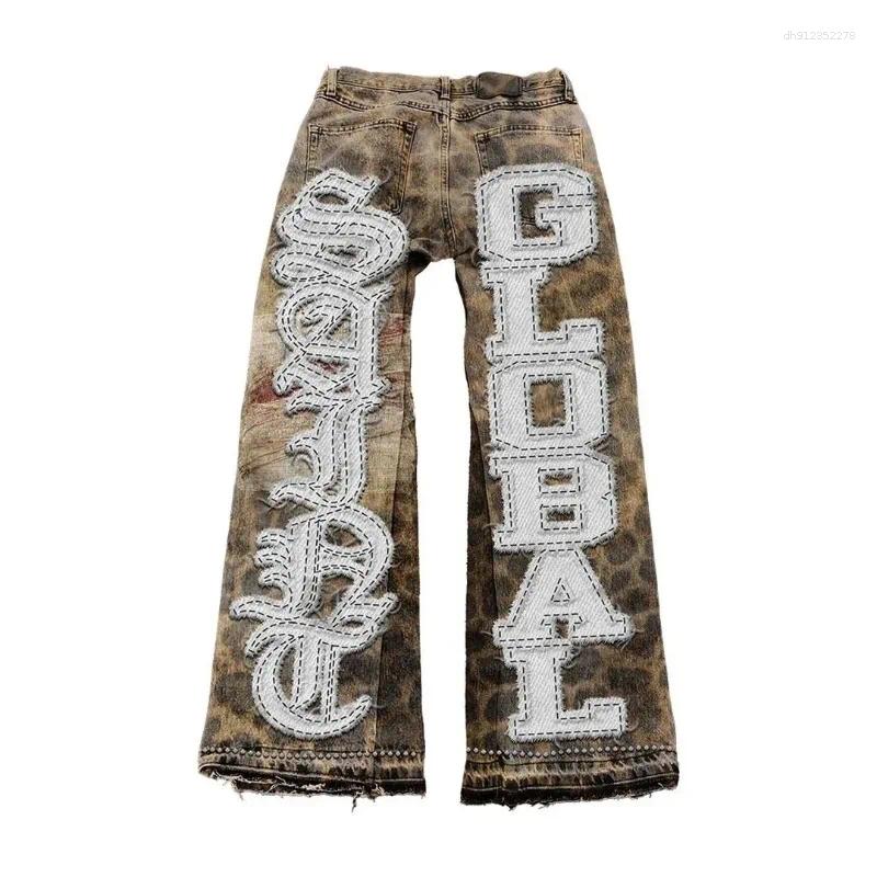 Men's Jeans High Street Y2k Men And Women Clothing Retro Hip Hop Letter Patch Embroidery Pants Gothic Fashion Mid Waist Wide Leg Baggy