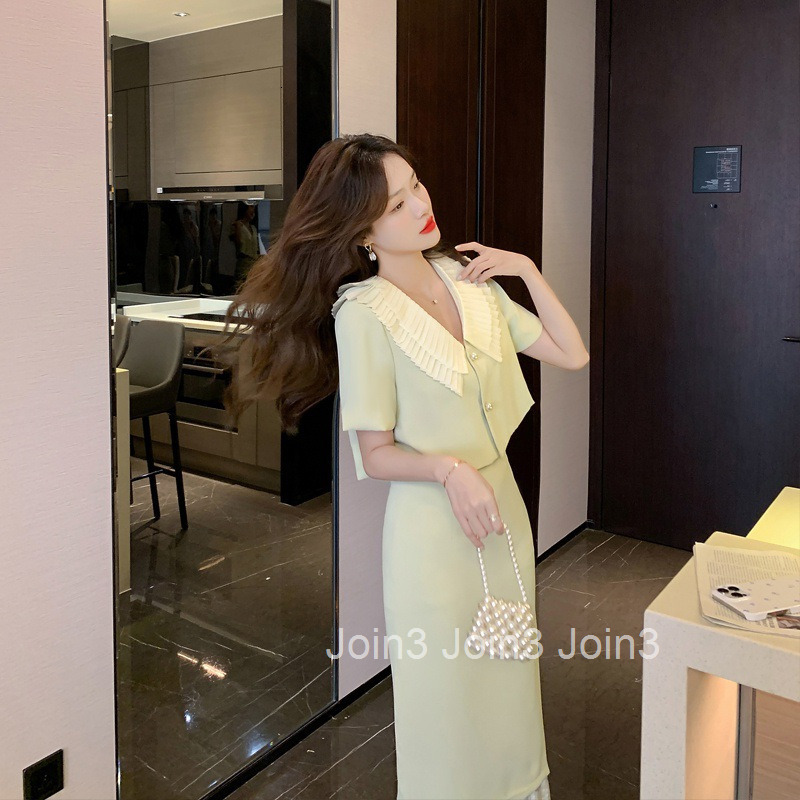 Summer New Womens Fashion Small Fragrance French Slim Lapel Short Sleeve Shirt Top+Half length Midskirt Set