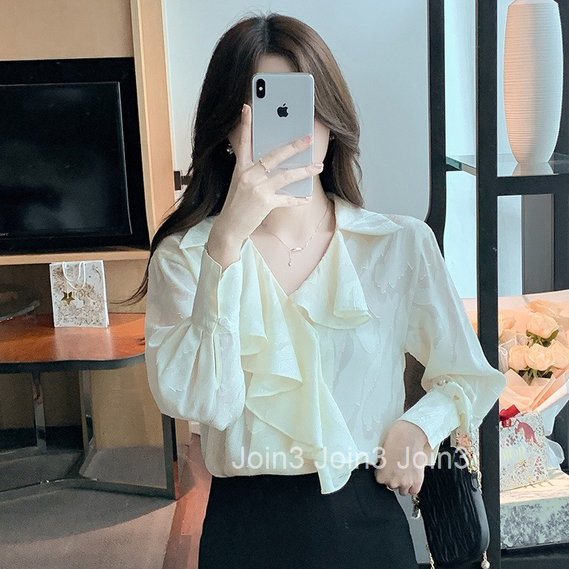 Spring and Autumn French Style Plus Size Womens Fashion Design Ruffled Blouse Chiffon Shirt Womens Blouse Shirt