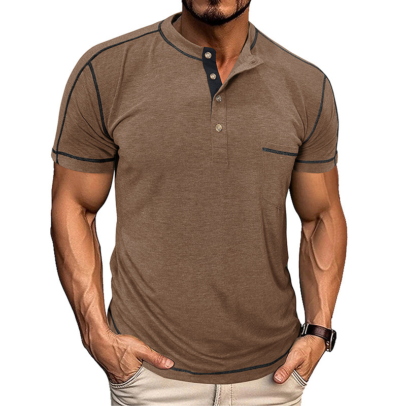 American Style Mens Round Neck Short Sleeve Half Sleeve Henley Base Shirt Top Mens Half Sleeve Fashion Color Block T-Shirt