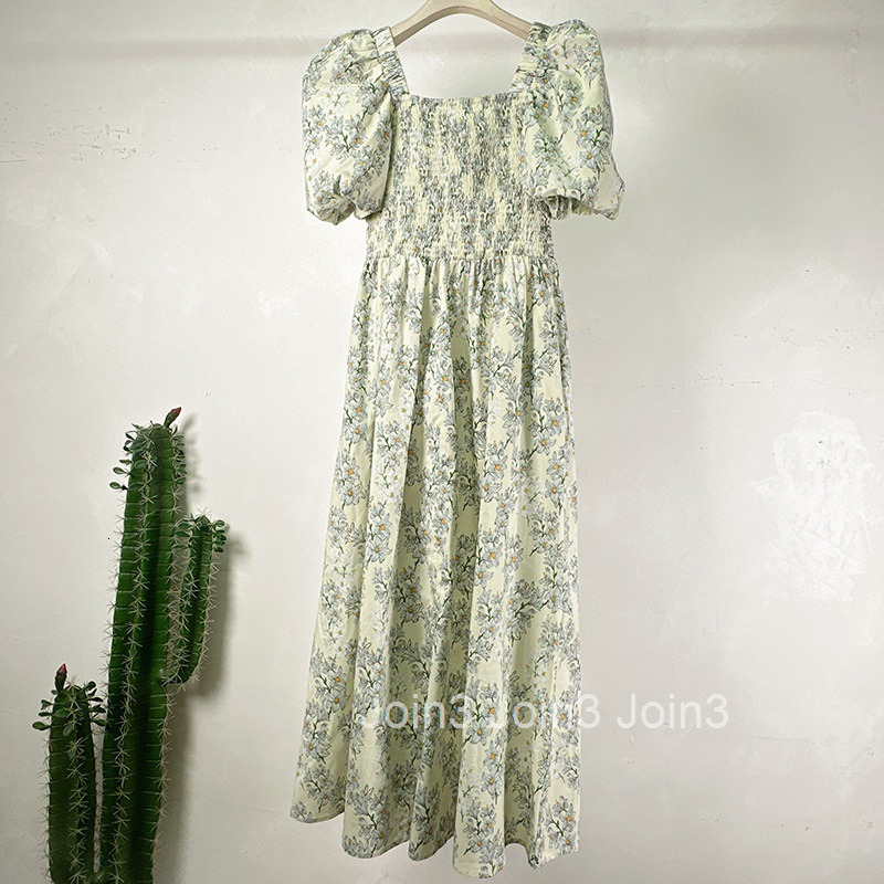 Summer Womens New French Fashion Waist-Cinching High-Waist Floral Dress Off-Shoulder Short Sleeve Mid-Length Dress