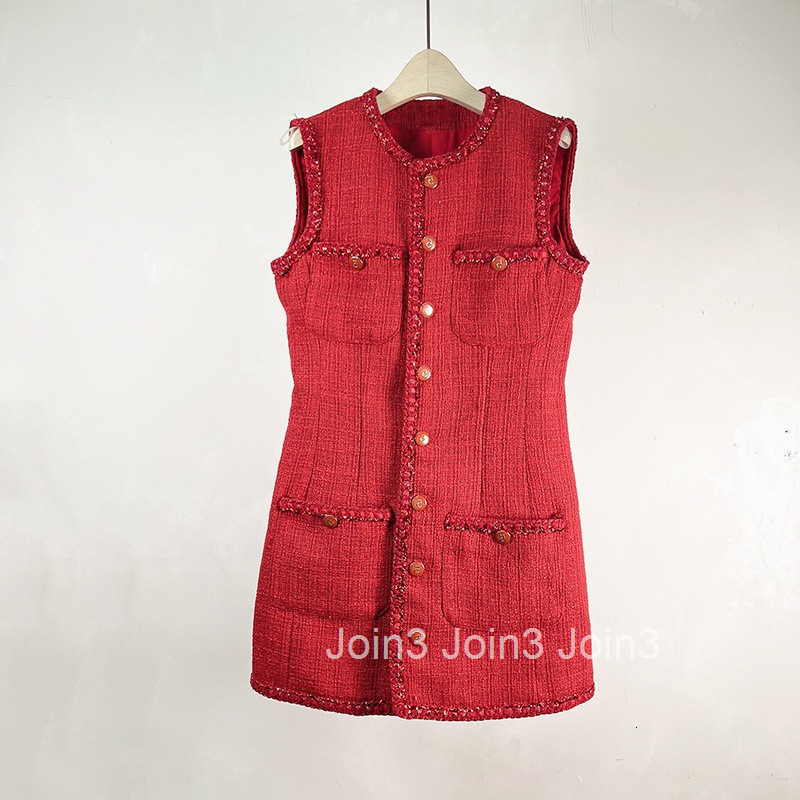 Red Festive Little Fragrance Vest Dress Nanyou Spring Summer New Fashion Slim A-line Skirt Base