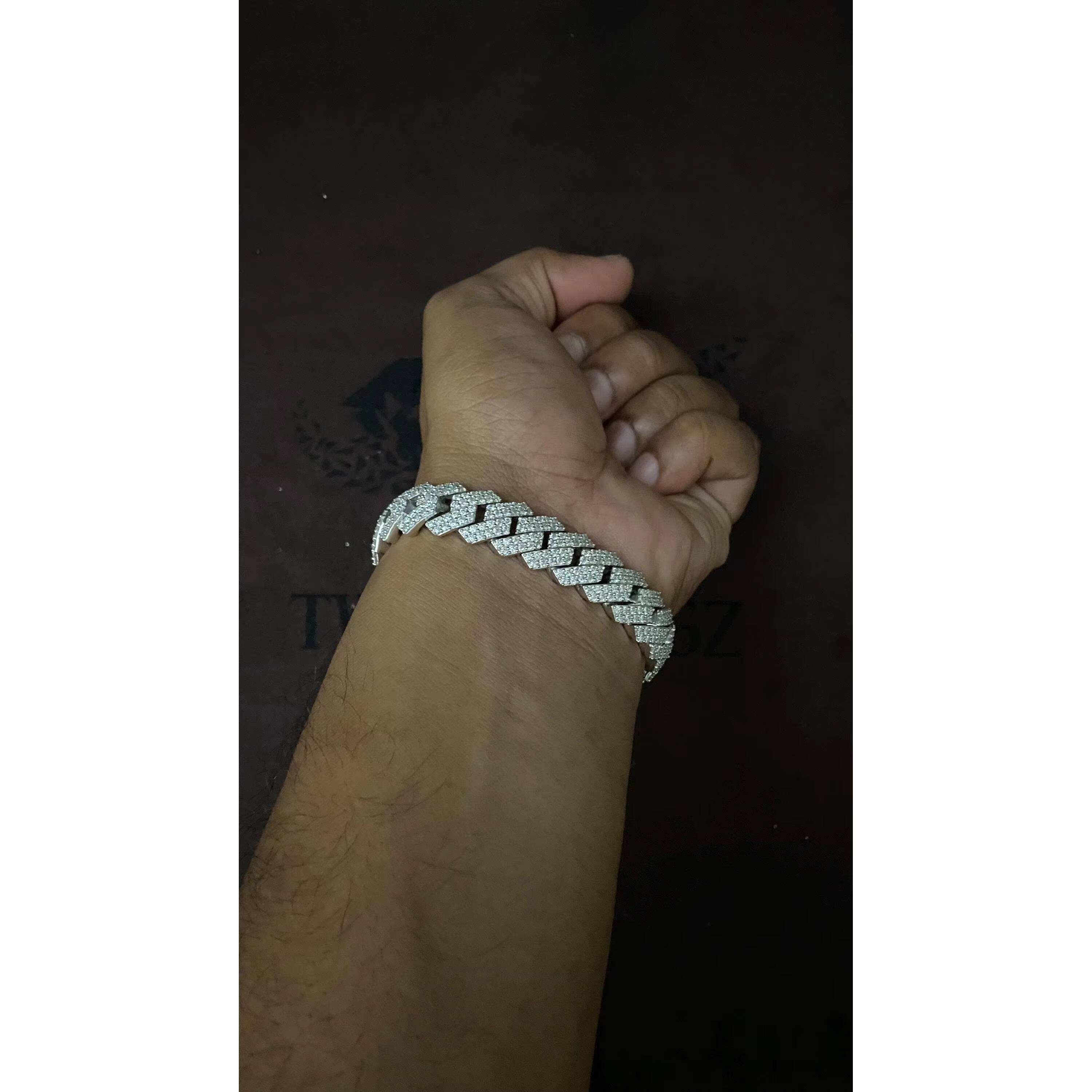 Solid 925 Sterling Silver 14mm Prong Cuban Link Bracelet with VVS Moissanite Diamonds Passes Diamond Tester