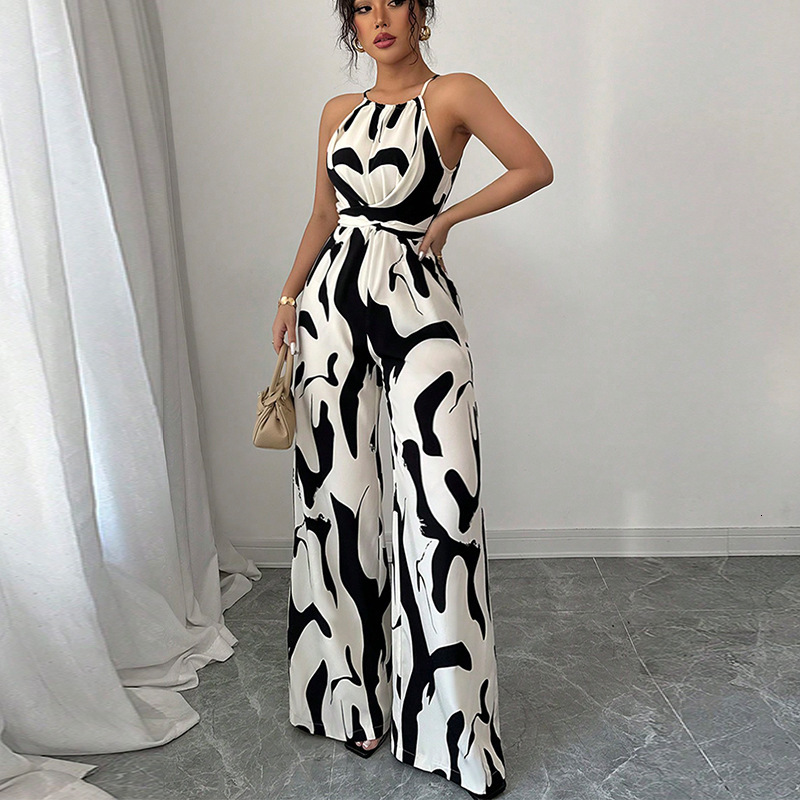 INS Zebra Pattern Strap jumpsuit 2025 Spring/Summer Monsoon Strap Wide Leg Pants Womens Wear