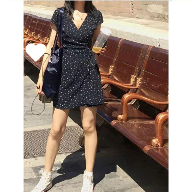 Large Size Short Floral Dress with Summer Polka Dot Design Niche Fairy French Tea Break Hot