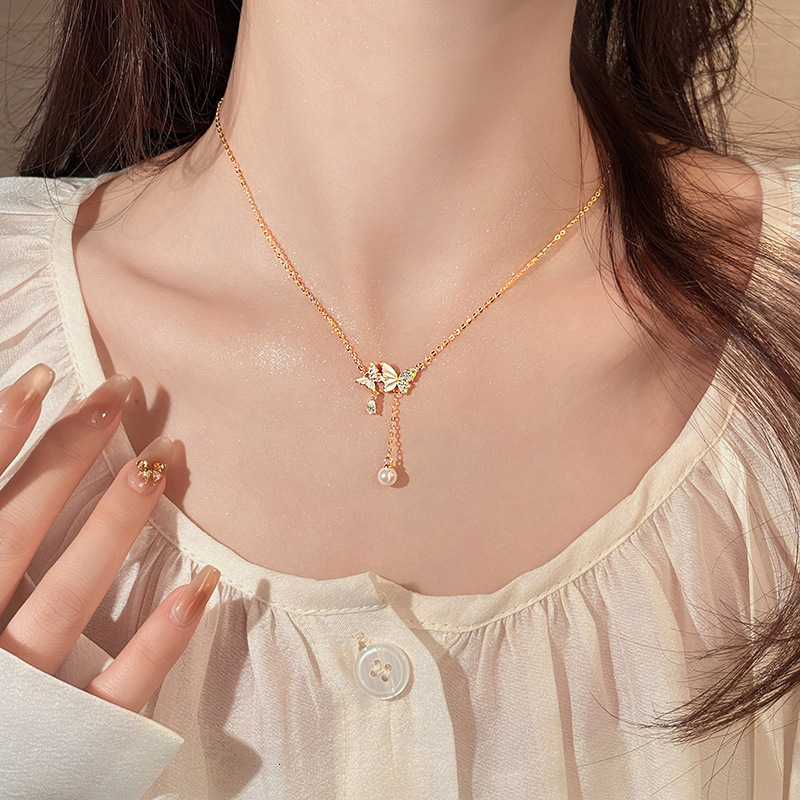 Micro Inlay Large and Small Drop Glaze Butterfly Tassel Pendant Necklace for Women, High-end Light Niche Collarbone Chain, 2025 New Model Jewelry for 