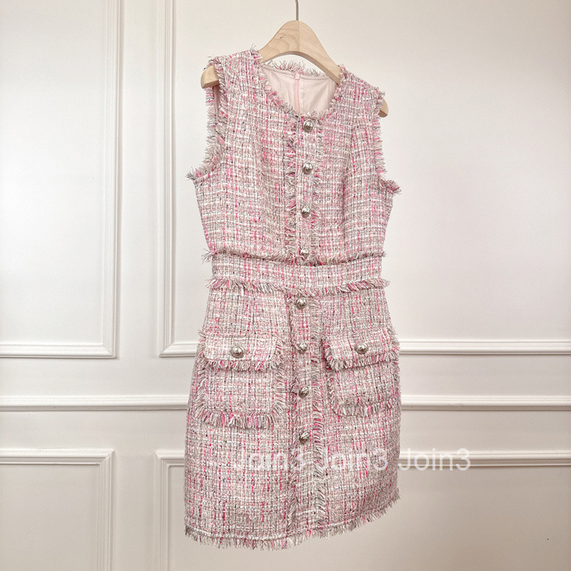 Summer Autumn New French Style Small Fragrance Tassel Tweed Slim Fit Bodycon Base Vest Sleeveless Dress Short Skirt
