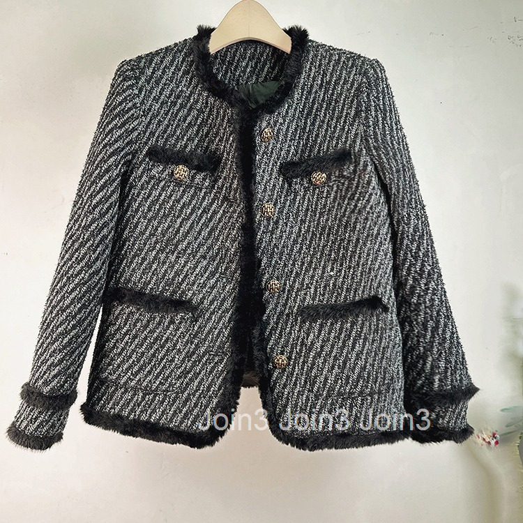 Winter New Small Fragrance Style Down Jacket for Women Tweed Plush Black Trim Long Sleeve Wool Coat for Women