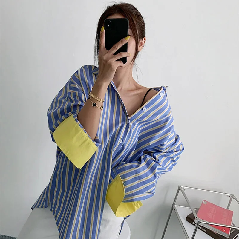 Spring Autumn Womens Fashion Color Blocking Striped Shirt Korean Style Loose Fit Slimming MediumLength Base Casual T 250729
