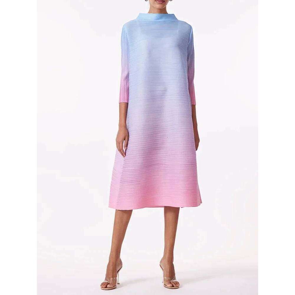 Miyake Elegant Gradient Pleated Dress Turtleneck Full Sleeves Pink Orange Fashion Mid-Calf Dresses For Women New