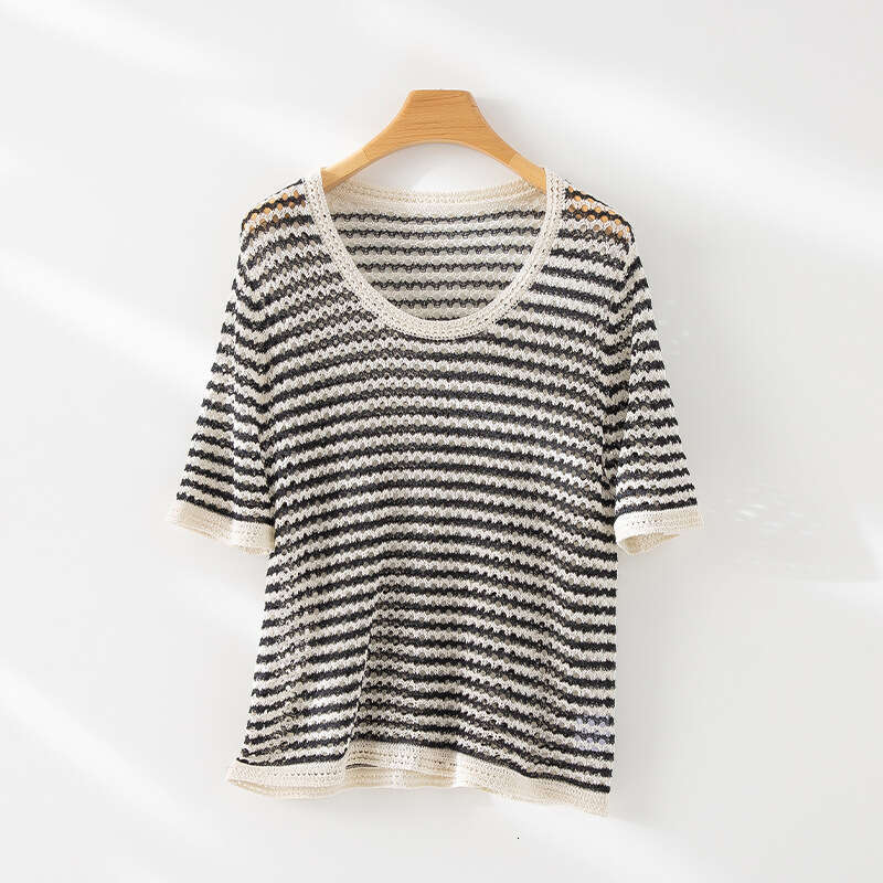 sxzy Summer New Round Neck Mulberry Silk Striped T-Shirt Loose Short Sleeve Hollow Out Slimming High-End Feel Women's Top