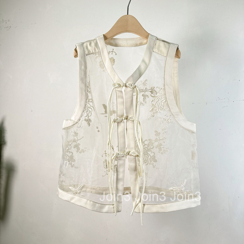 Summer New Chinese Style Lightweight Semi-Sheer Silk Unique Embroidery V-Neck Button Slimming Top Vest for Women