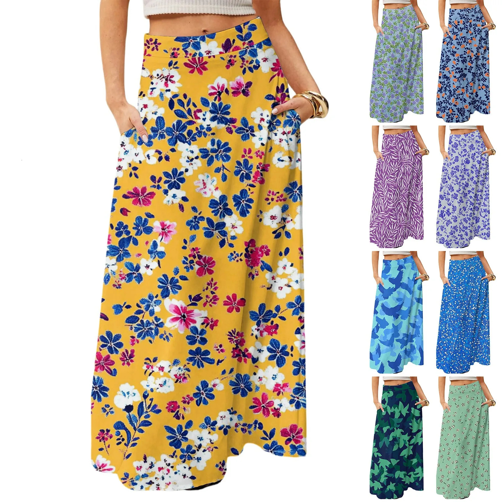 Summer Casual Skirt for Women High Waisted Stretch Printed with Pockets Loose Flowing Long Skirts Fashion Beach Skirt 250729