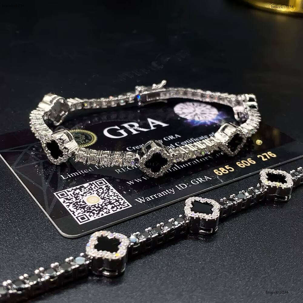 Hot Selling Design Black Clover Chain VVS D Moissanite Sterling Sier Tennis Bracelet 4mm Hip Hop Jewelry