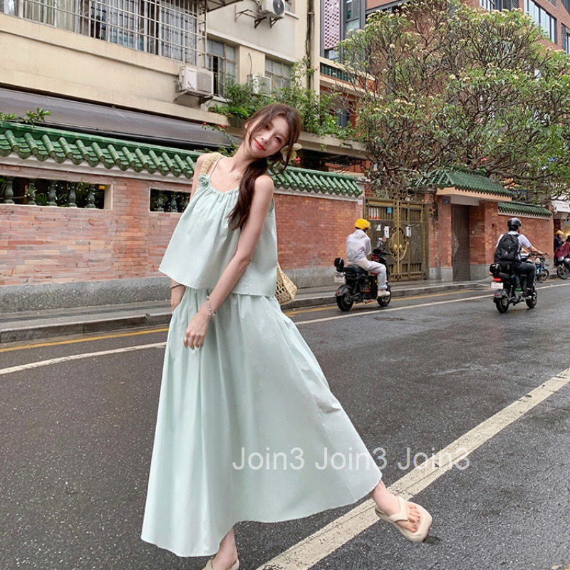 Summer New Fresh High-Waisted Long Skirt Two-Piece Set Sweet Floral Strap Top Half-Length Skirt Outfit for Women
