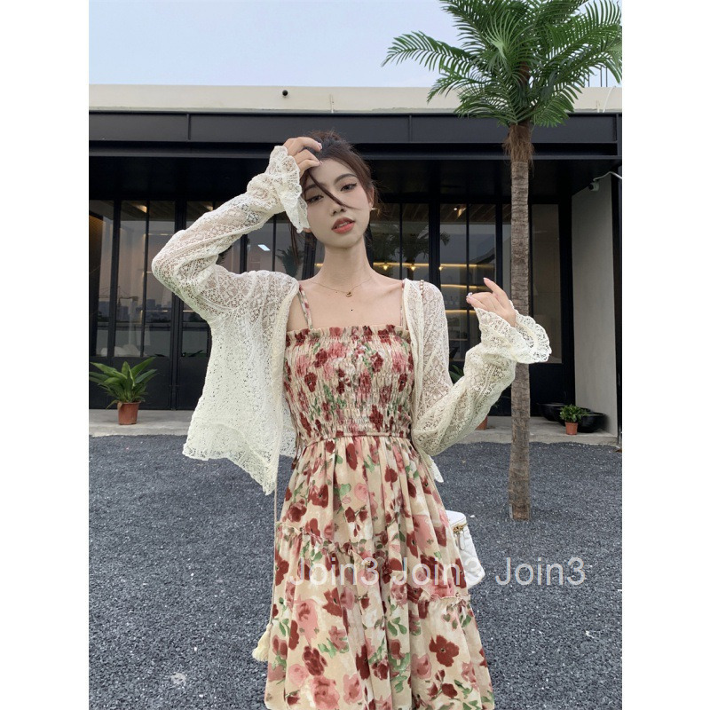 Summer New Sweet French Floral Strap Dress Chiffon Slimming Printed Long Dress