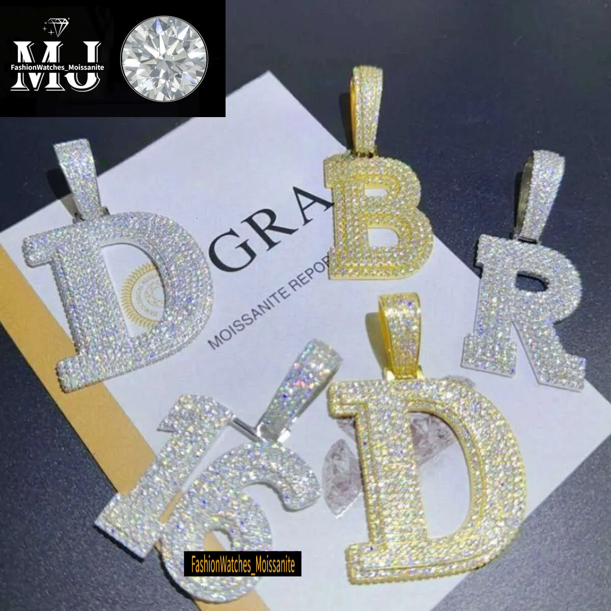 A-Z Sterg Sier Shiny Moissanite Letter Pendant with 3mm 24inch Rope Chain Jewelry for Men Women Nice Gift