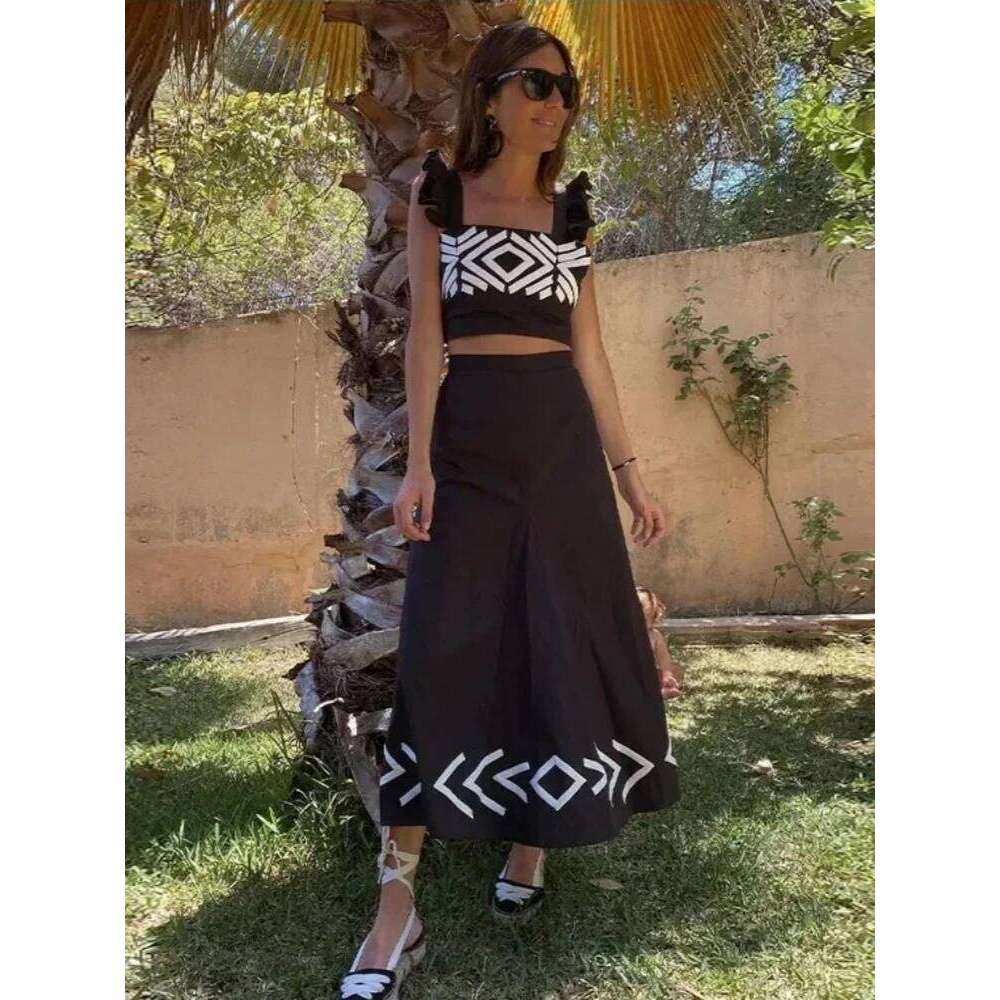New Causal Two Piece Summer Plaid Fly Sleeve Crop Tops Print Skirt Dress Sets Holiday Elegant Women Outfits