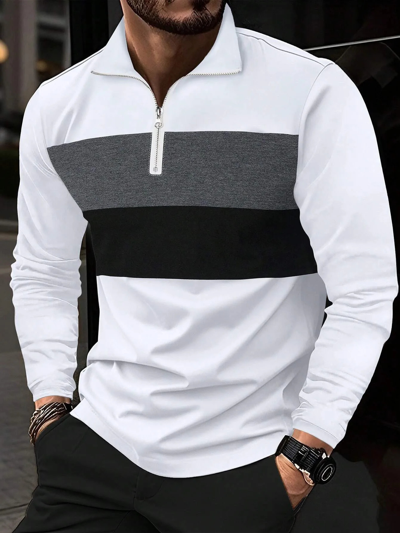 Retro Fashion Mens Zippered Collar Long Sleeve Pullover 250729