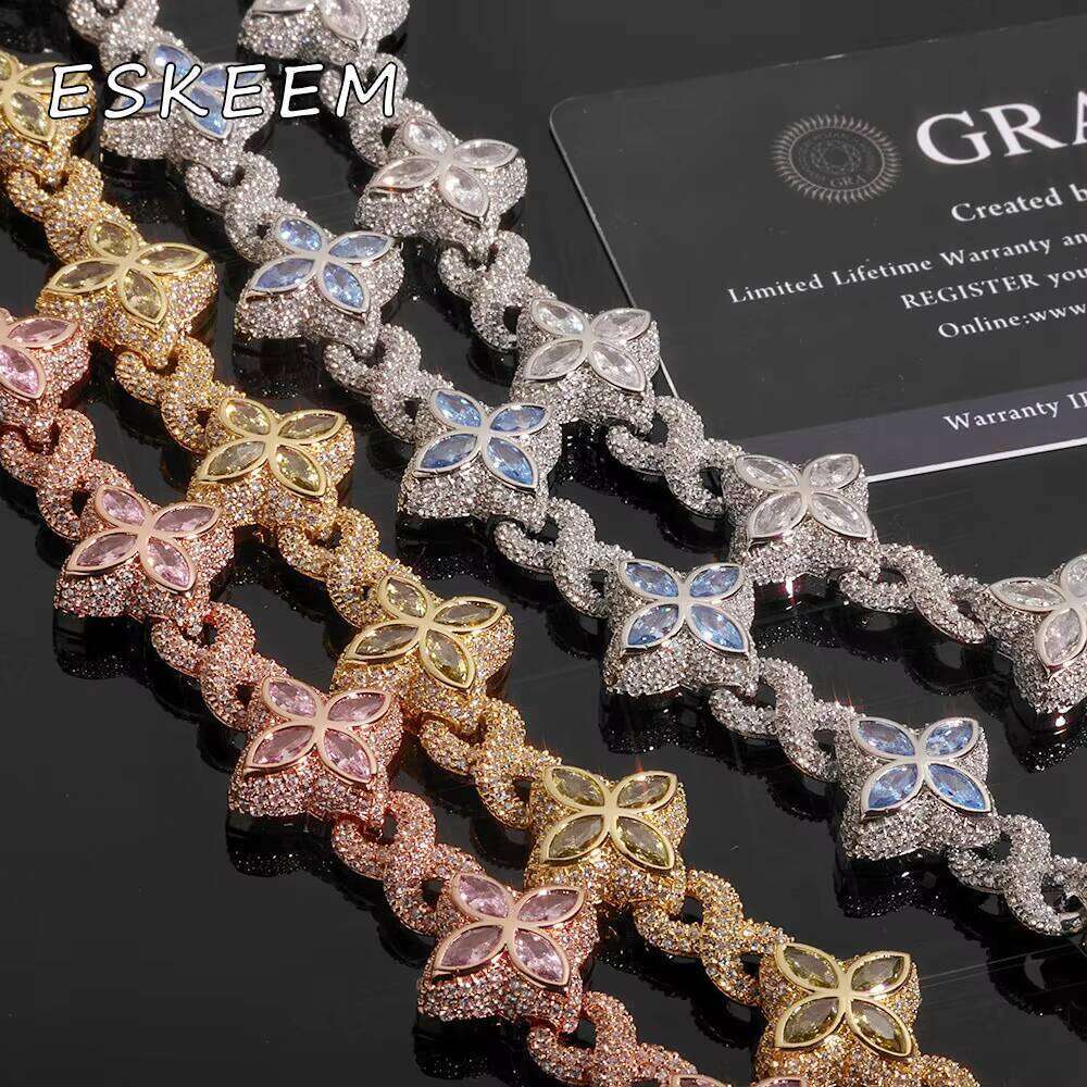Sier Chain Colored Moissanite Iced Out Cuban Link Necklace Four Leaf Clover Design Hip Hop Jewelry for Women