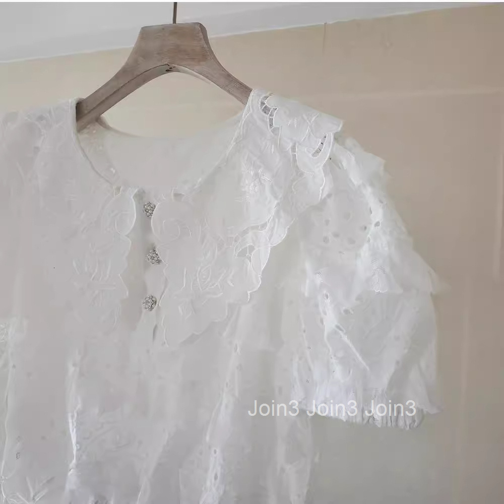 2025 Summer New Loose Round Neck Shirt Cotton Lace Button Short Sleeve Top Korean Style