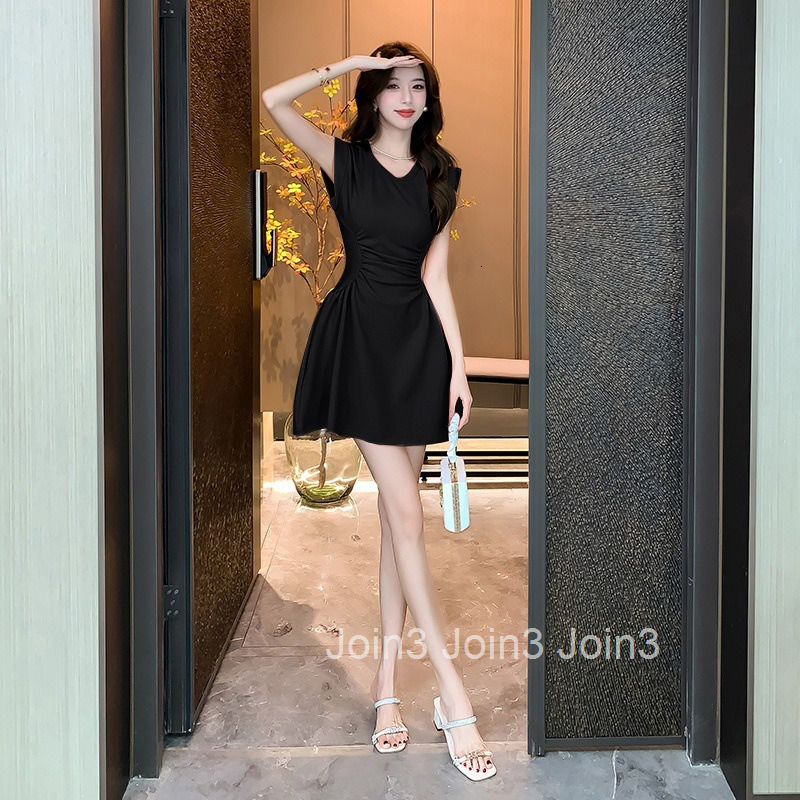 Summer New U-Neck Design Pleated Waist-Cinching Body-Hiding A-Line Short Dress Solid Color Sleeveless Dress