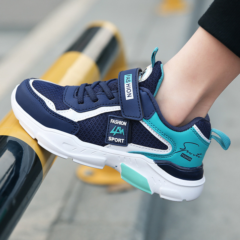 Boys' Sports Spring Autumn Children's Elementary School Students' Sneakers Single Mesh Casual Soft Sole Leather Surface Medium and Larg