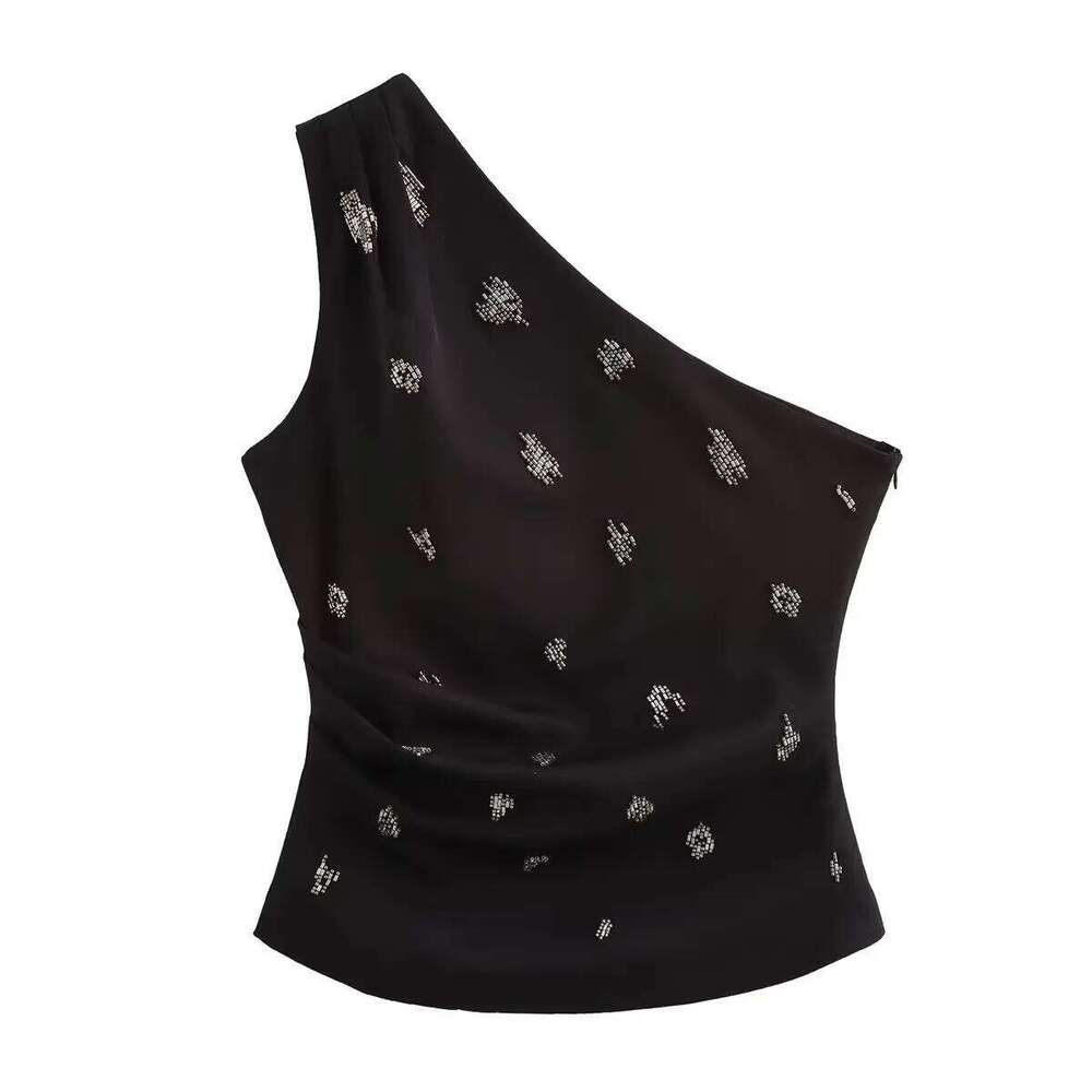 Designer Clothing 2025 Zevity 2024 Women Sexy Single Shoulder Pearl Beading Asymmetrical Blouse Female Side Zipper Slim Shirts Blusas Chic Tops Ls7223