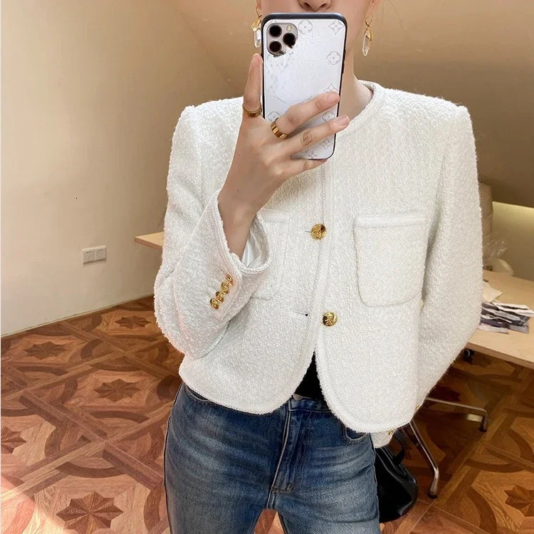 Autumn Black Tweed Coat Women Korean Elegant Oneck Slim Fit Tops Y2k Grunge Long Sleeve Jackets Mujer 250729